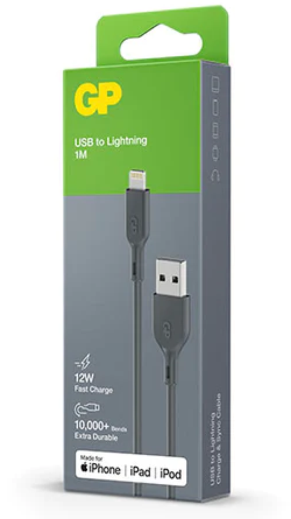 GP USB CHARGE AND SYNC CABLE, 1M USB A TO LIGHTNING CABLE CL1N, GREY