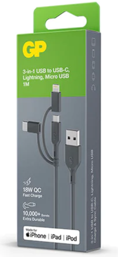 [10666] GP USB CHARGE AND SYNC CABLE, 1M 3 IN 1 USB A TO LIGHTNING/USB C/MICRO USB CABLE CY1N, GREY